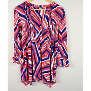 Cocomo Popover Top Red Blue Geometric Artsy Liquid Knit Pleated Roll‎ Tab Office